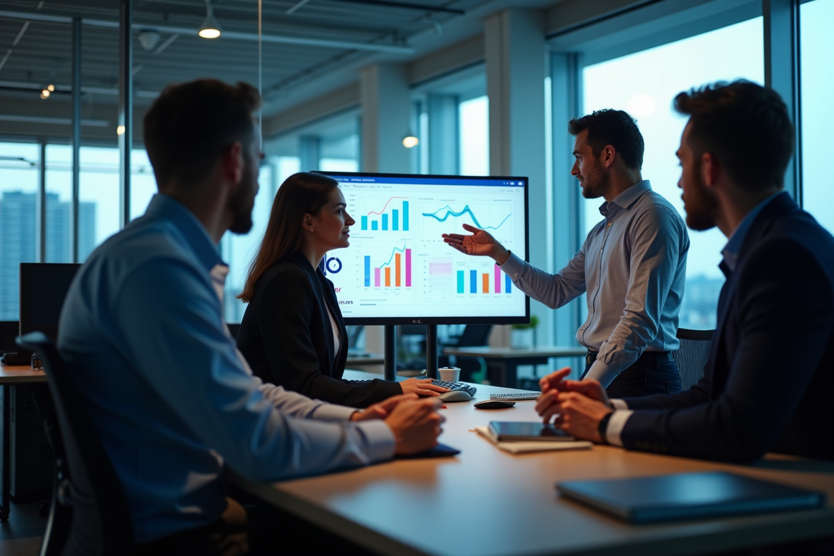 Groupe de professionnels tech analysant des graphiques sur un grand ecran