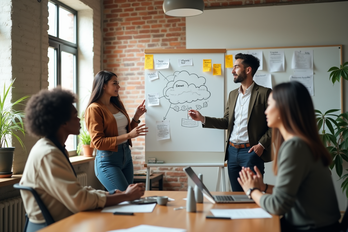 Groupe de jeunes professionnels discutant autour d