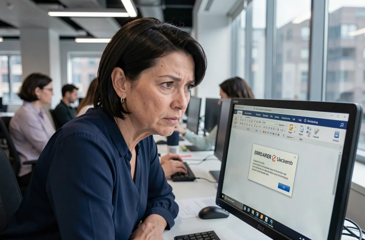 Femme au bureau devant un écran affichant une erreur de mise à jour OpenOffice dans un environnement professionnel