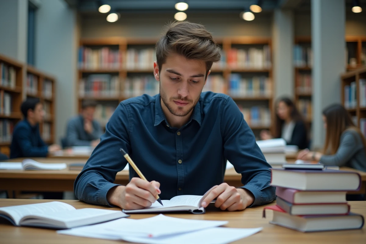 Étudiant en bibliothèque universitaire révisant un devoir avec un logiciel de traduction académique