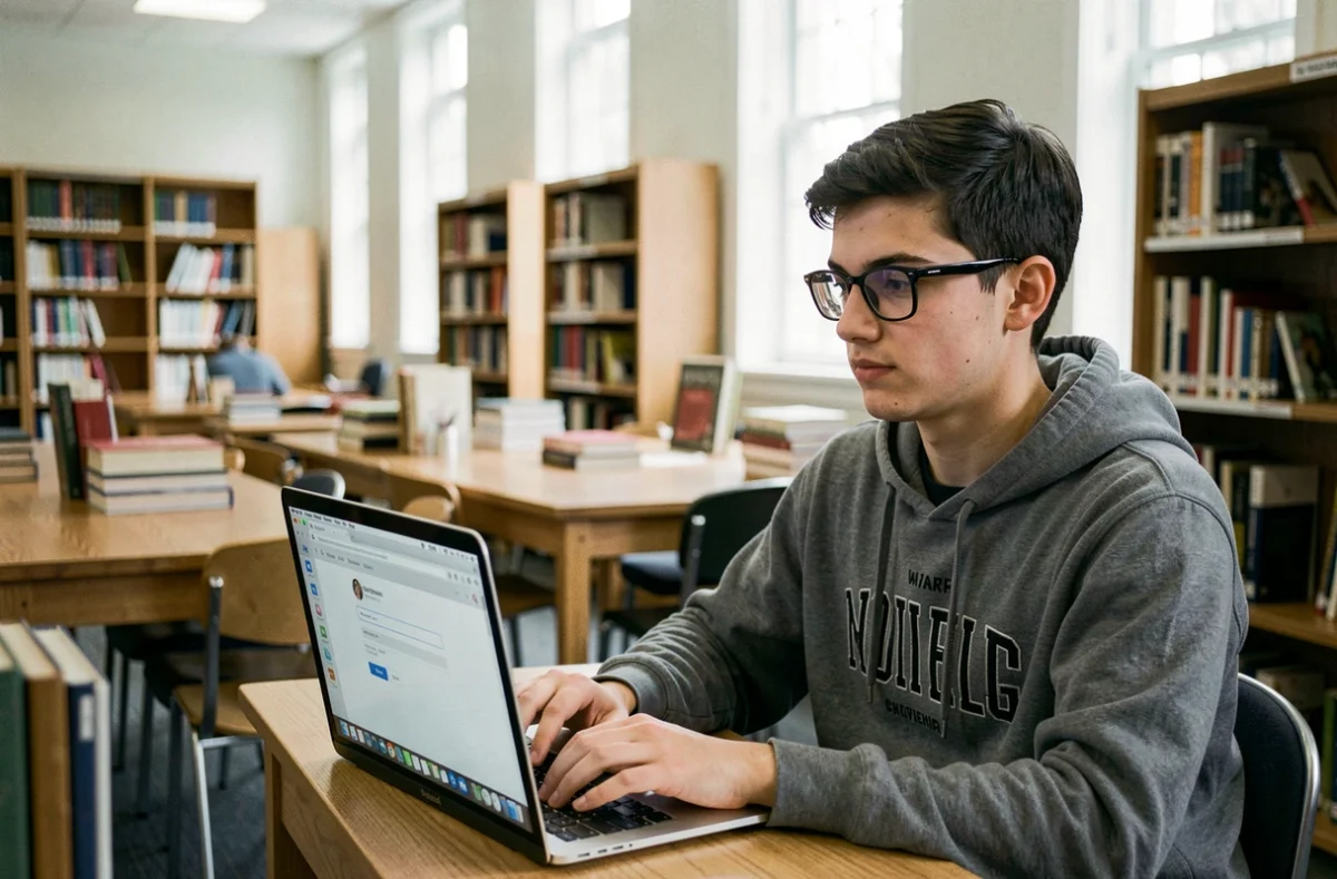Étudiant accédant à la messagerie universitaire Sogo Webmail Lille depuis un ordinateur portable en bibliothèque