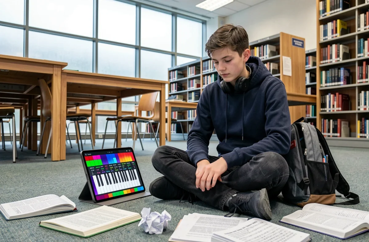 Adolescent révisant ses gammes de musique avec un piano virtuel sur tablette dans une bibliothèque universitaire