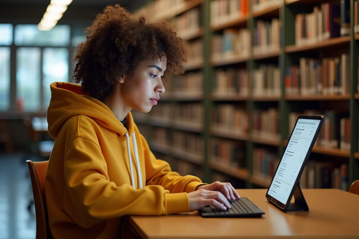 Étudiante en bibliothèque consultant les options de caractères accentués pour écrire un É majuscule sur tablette