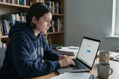 Étudiante face à un écran d'ordinateur affichant une erreur de connexion sur le portail Académie Amiens