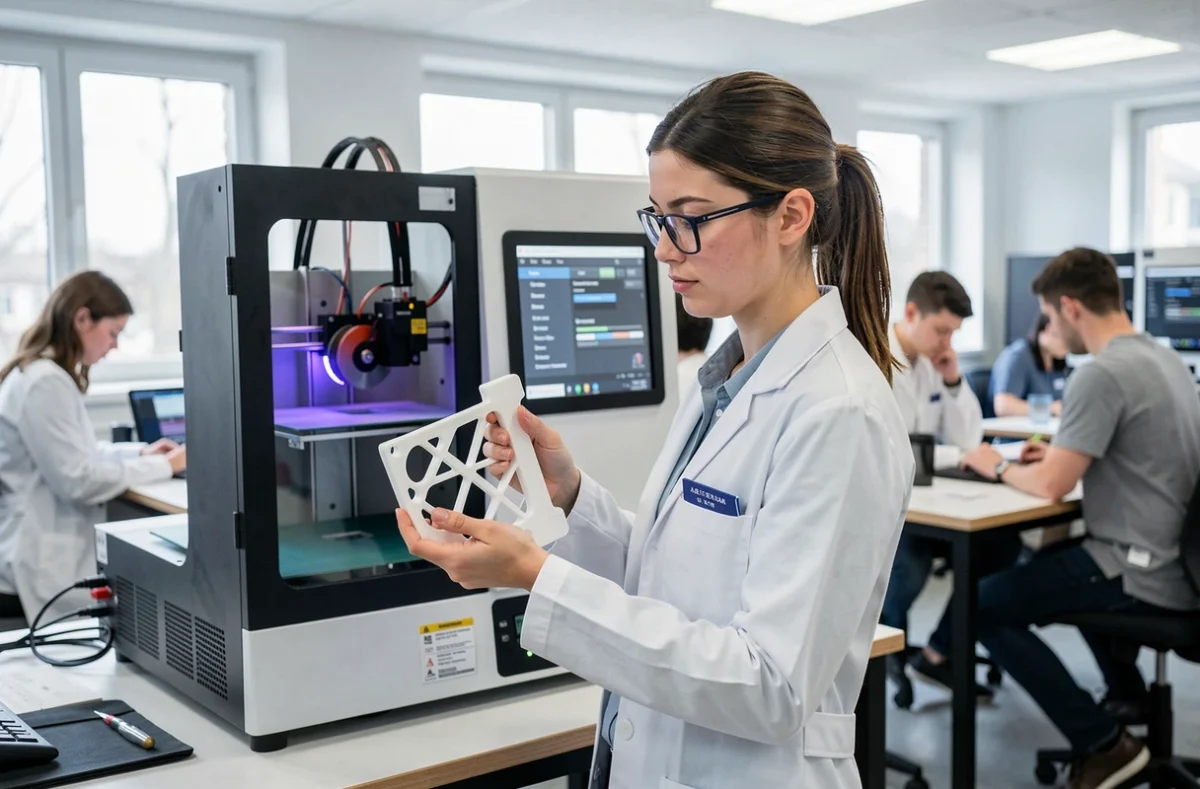 Étudiante en makerspace universitaire tenant un prototype imprimé en 3D devant une imprimante double extrusion