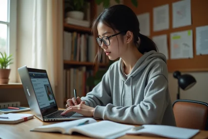 Étudiante utilisant un outil de traduction en ligne pour optimiser son mémoire universitaire à son bureau