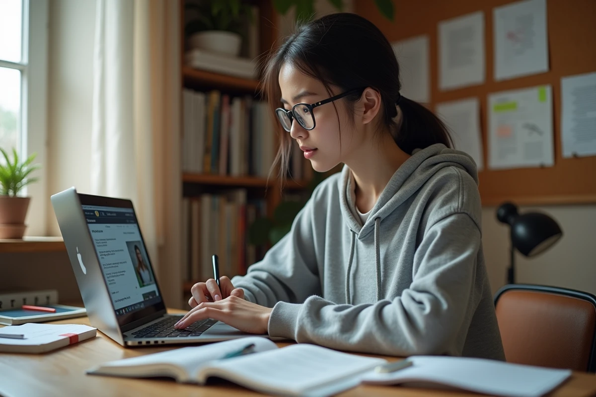Étudiante utilisant un outil de traduction en ligne pour optimiser son mémoire universitaire à son bureau