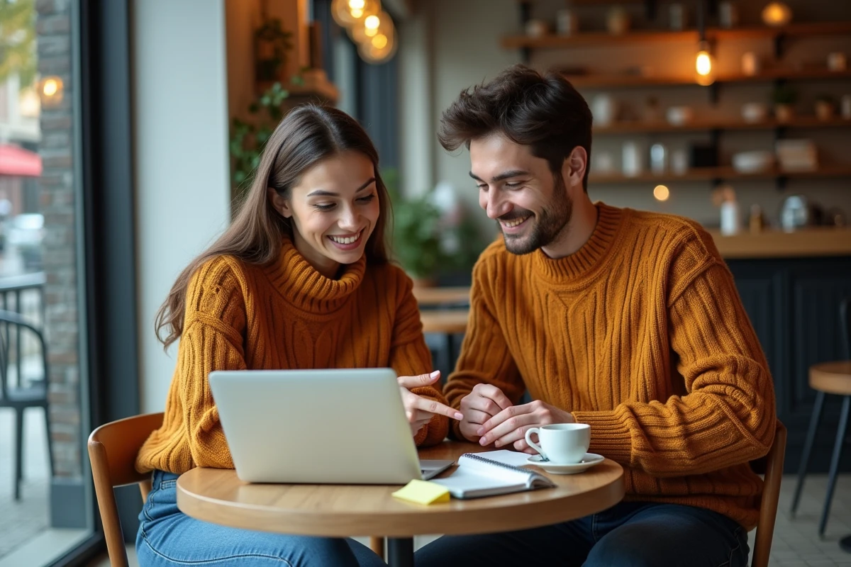Deux étudiants collaborant sur un mémoire universitaire grâce à un outil de traduction dans un café