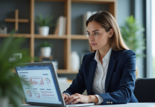 Femme d'affaires en bureau moderne avec CRM