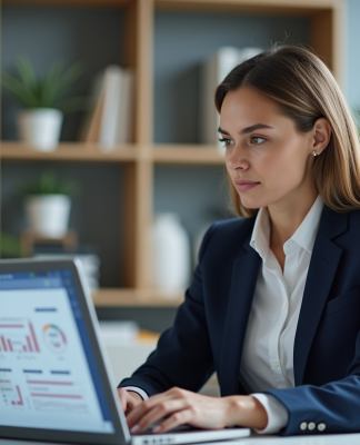 Femme d'affaires en bureau moderne avec CRM