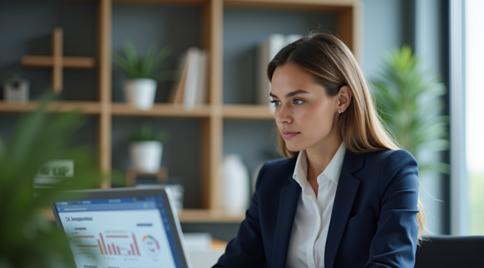 Femme d'affaires en bureau moderne avec CRM