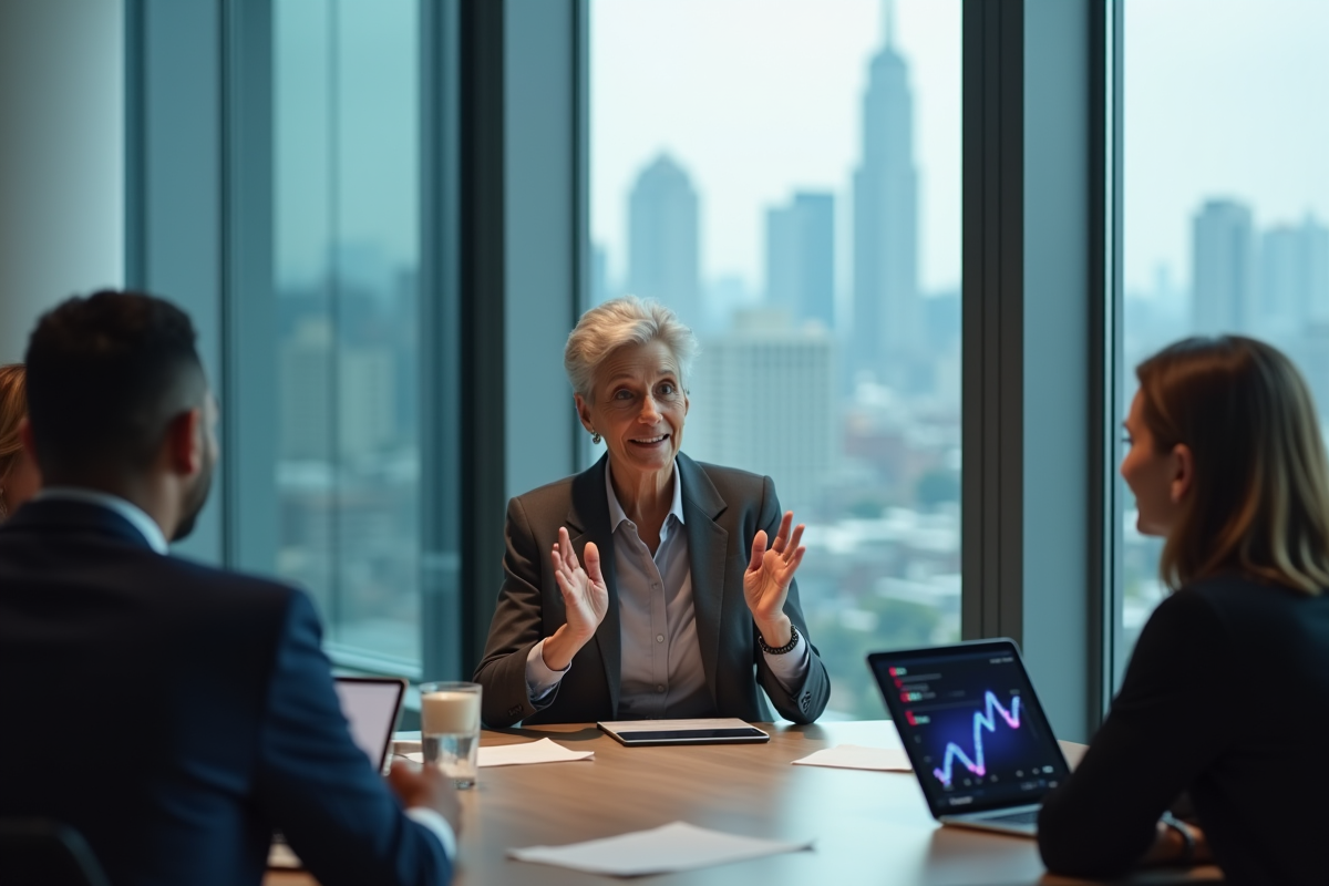 Femme d affaires en réunion montrant une tablette avec blockchain