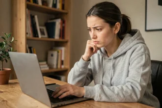 Jeune femme analysant un convertisseur YouTube MP3 sur son ordinateur portable dans un bureau à domicile
