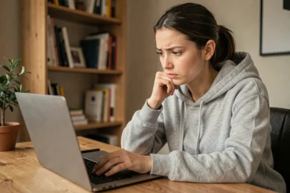 Jeune femme analysant un convertisseur YouTube MP3 sur son ordinateur portable dans un bureau à domicile