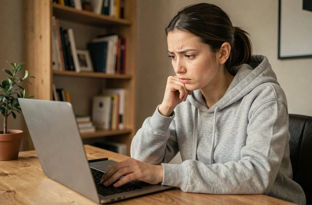 Jeune femme analysant un convertisseur YouTube MP3 sur son ordinateur portable dans un bureau à domicile