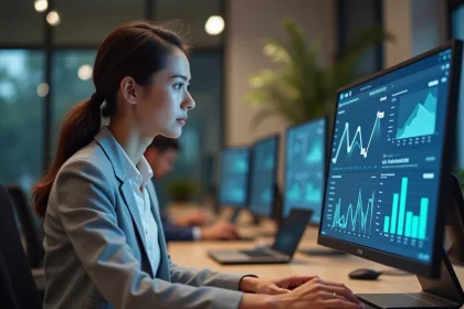 Femme professionnelle analysant un tableau de bord d'intelligence artificielle pour un blog innovant dans un bureau moderne