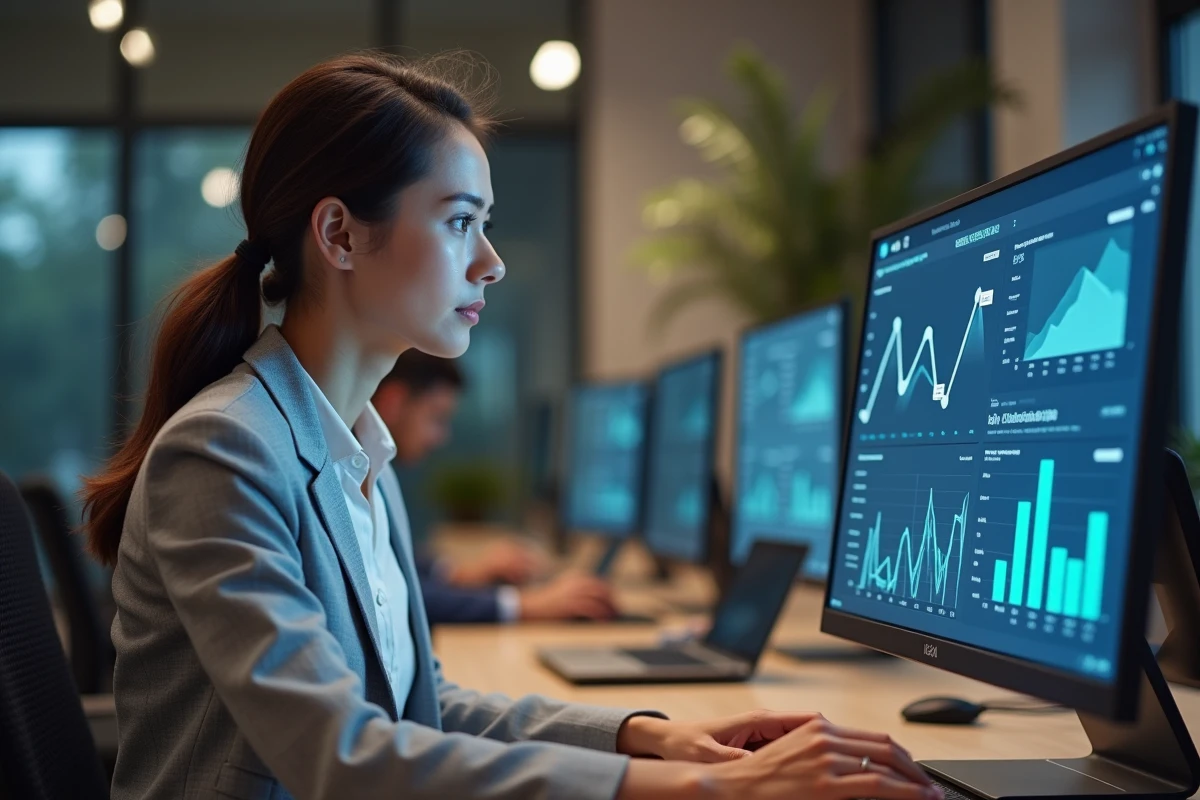 Femme professionnelle analysant un tableau de bord d'intelligence artificielle pour un blog innovant dans un bureau moderne
