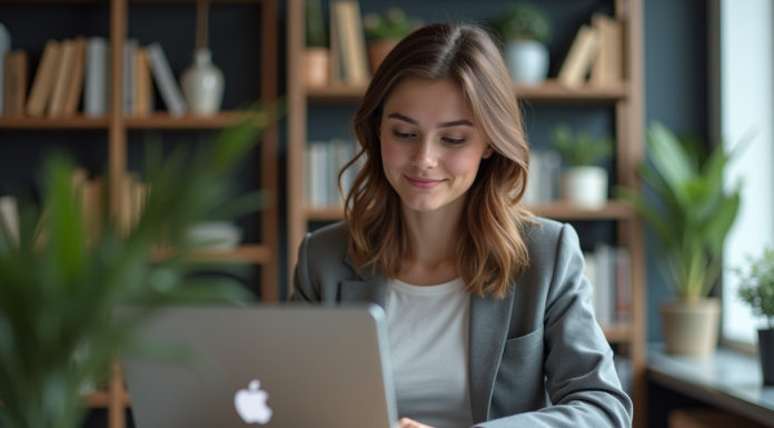 Jeune femme analysant des données SEO sur son ordinateur