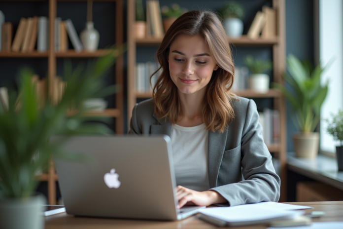 femme-analytique-seo-bureau Jeune femme analysant des données SEO sur son ordinateur