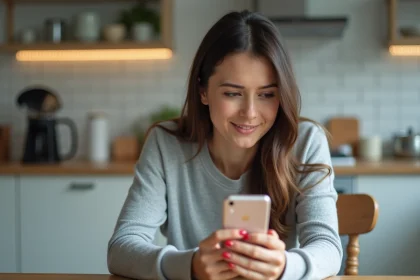Femme utilisant l'application RED&Moi sur un smartphone Android dans une cuisine moderne
