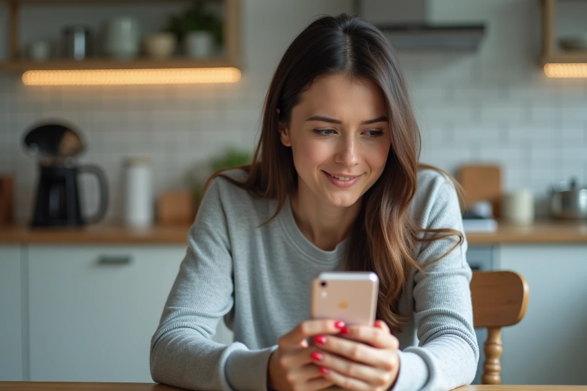 Femme utilisant l'application RED&Moi sur un smartphone Android dans une cuisine moderne