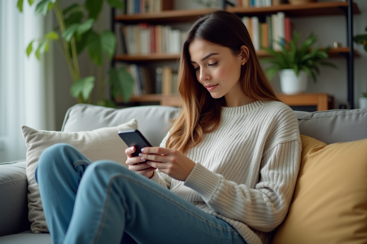 Femme détendue utilisant un smartphone à la maison