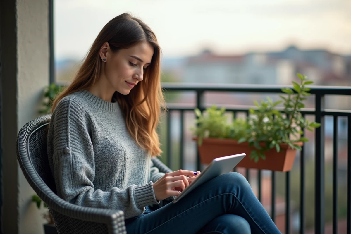 Jeune femme sur un balcon utilisant une tablette pour consulter ses emails