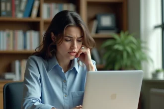 Femme assise à un bureau académique fixant un message d'erreur de connexion sur son ordinateur portable pour récupérer un mot de passe oublié