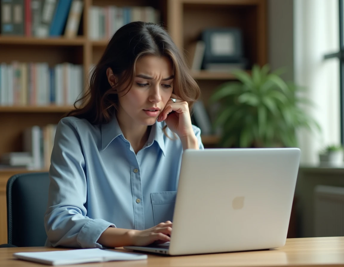 Femme assise à un bureau académique fixant un message d'erreur de connexion sur son ordinateur portable pour récupérer un mot de passe oublié