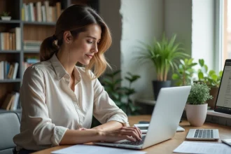 Femme en tenue professionnelle analysant un document au bureau