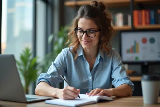 Femme concentrée au bureau avec ordinateur et notes pour article