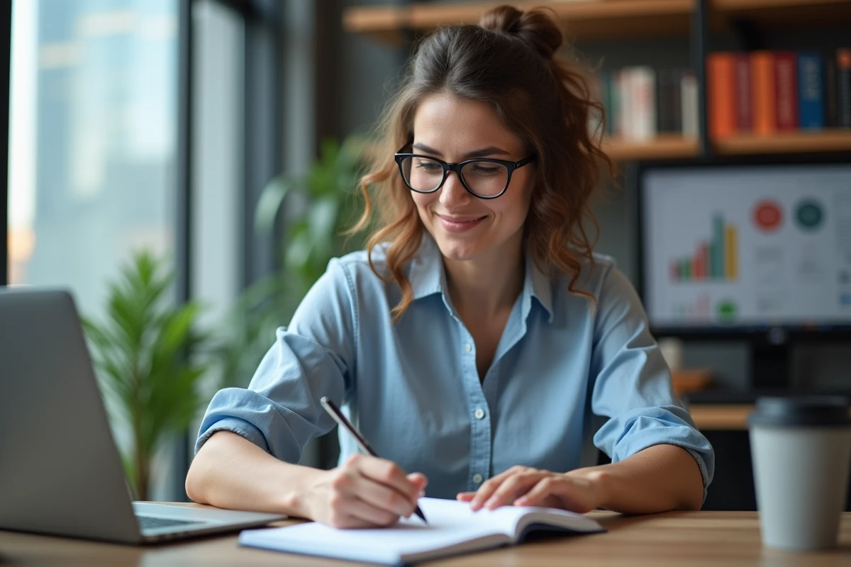 Femme concentrée au bureau avec ordinateur et notes pour article