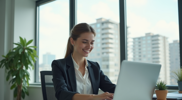 Femme professionnelle souriante utilisant le cloud au bureau