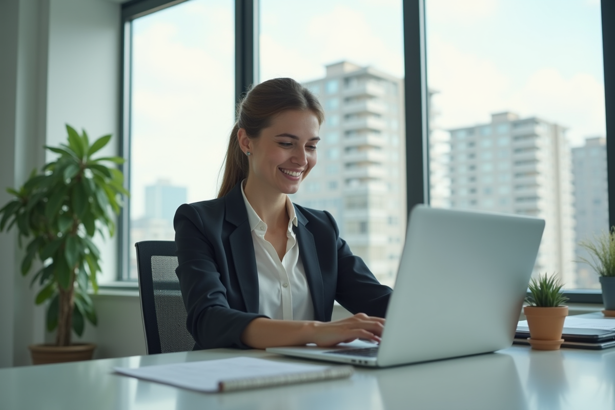 Femme professionnelle souriante utilisant le cloud au bureau