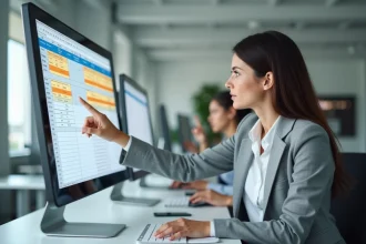 Femme au bureau identifiant des doublons dans un tableau Excel avec mise en forme conditionnelle colorée sur écran d'ordinateur