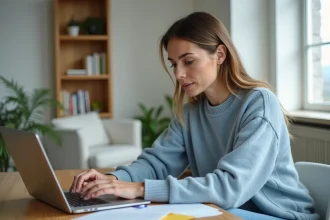 Femme assise à un bureau moderne avec ordinateur portable