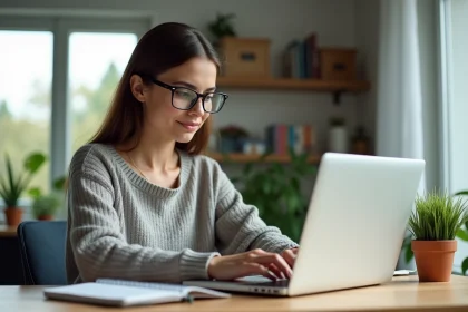 Jeune femme concentr&eacute;e utilisant un ordinateur portable dans un bureau lumineux