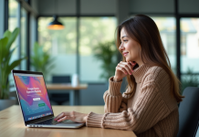 Femme assise à un bureau moderne avec un ordinateur portable affichant une page colorée
