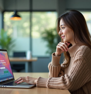 Landing page : pourquoi et comment l’utiliser efficacement ? Femme assise à un bureau moderne avec un ordinateur portable affichant une page colorée