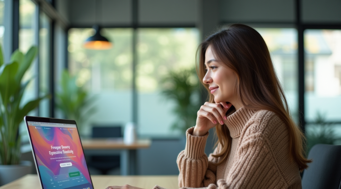 Femme assise à un bureau moderne avec un ordinateur portable affichant une page colorée