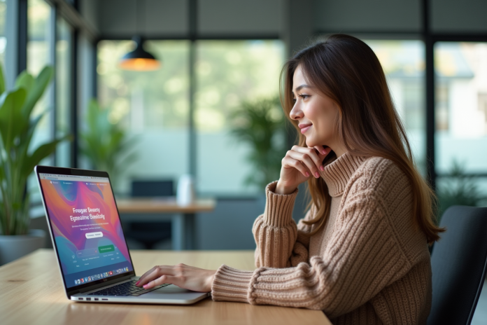 Femme assise à un bureau moderne avec un ordinateur portable affichant une page colorée