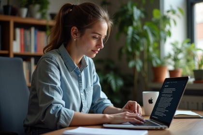 Jeune femme au bureau consultat des documents open source