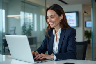 Femme professionnelle souriante travaillant sur un ordinateur en bureau