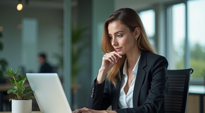 Jeune femme d'affaires regardant un site web sur son ordinateur