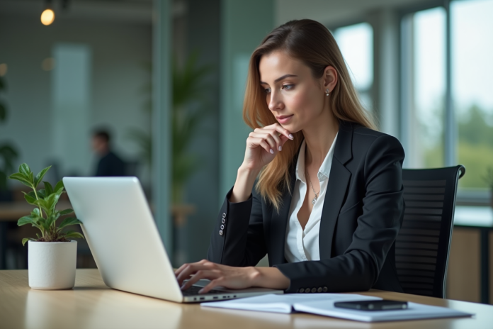 Jeune femme d'affaires regardant un site web sur son ordinateur