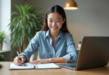 Jeune femme au bureau travaillant sur un ordinateur portable