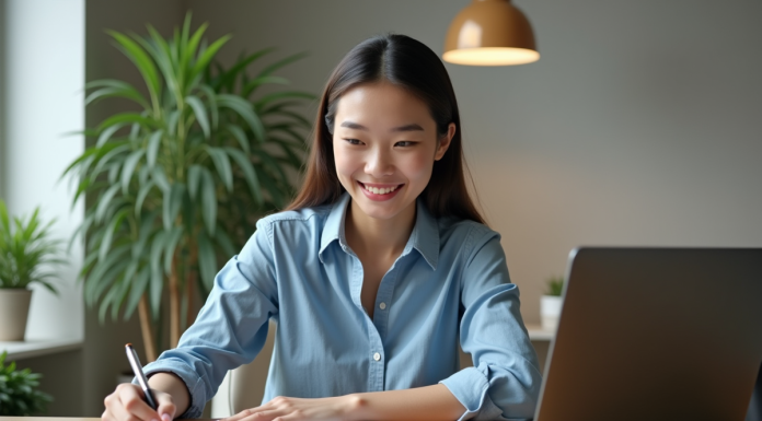 Jeune femme au bureau travaillant sur un ordinateur portable