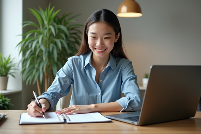Jeune femme au bureau travaillant sur un ordinateur portable