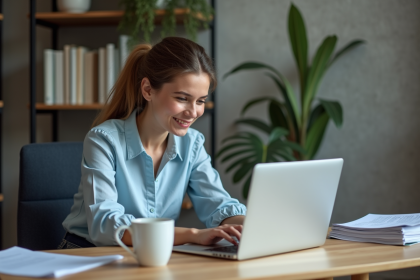 Jeune femme au bureau utilisant un ordinateur portable