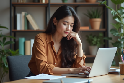 Jeune femme au bureau moderne travaillant sur son ordinateur